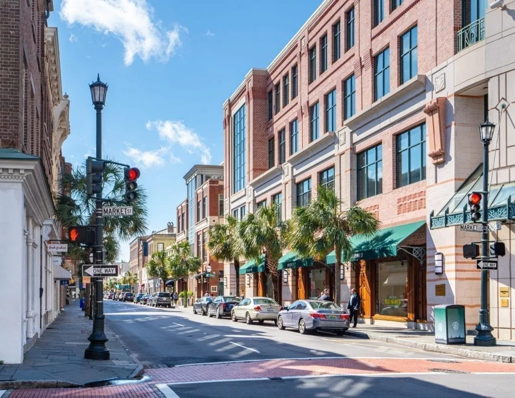 Shopping street as seen during 3 days in charleston sc lined with palm trees