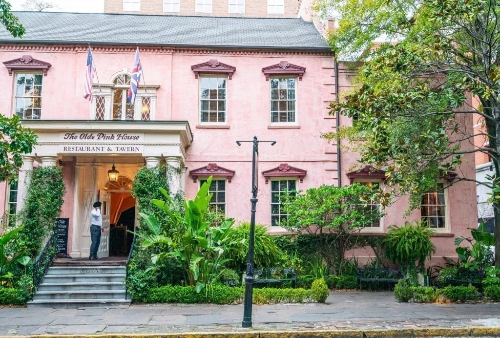 Front facade of The Olde Pink House restaurant in Savannah GA, one of the best restaurants in Savannah for your weekend Savannah itinerary!