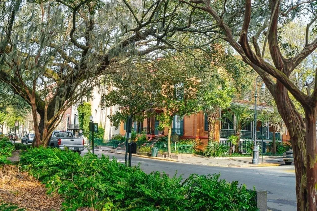 View of the Sorrel Weed House in Savannah GA through some oak trees. A tour here is one of the best things to do in Savannah GA for those interested in the paranormal!