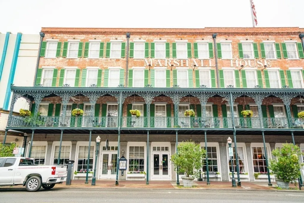 Front facade of The Marshall House on Broughton Street in Savannah GA