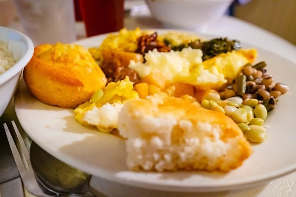 Plate of food at Mrs. Wilkes Dining Room, one of the best Savannah restaurants and an essential stop on a 3 day Savannah itinerary
