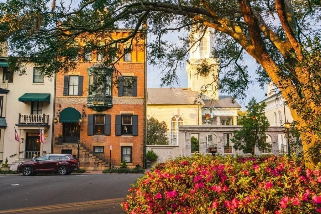 front facade of the foley house inn as seen from chippewa square in savannah ga