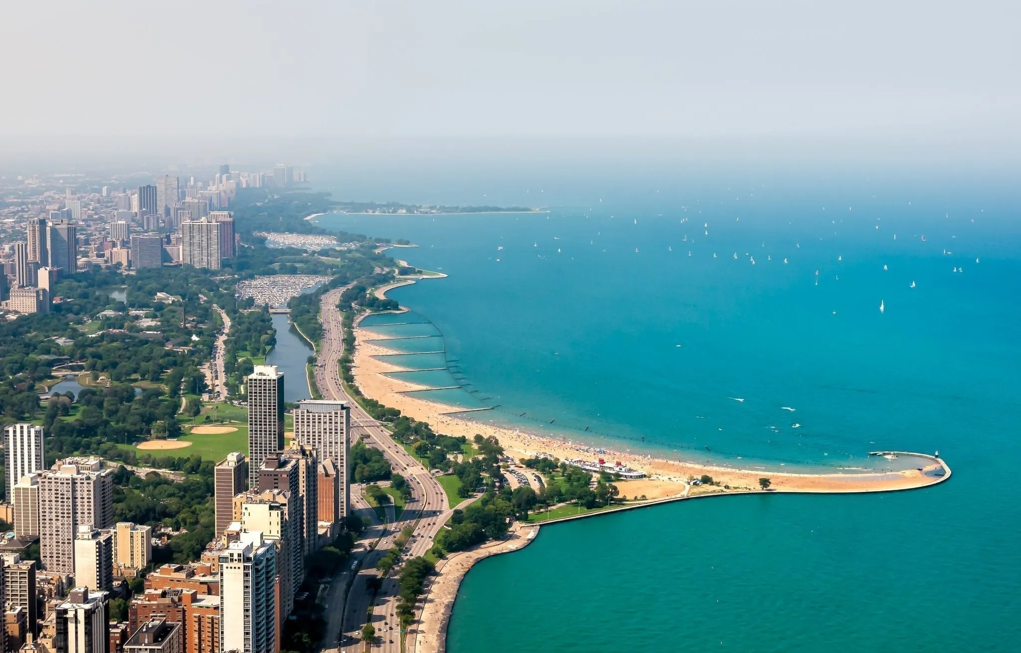 View of Chicago skyline from above with Lake Michigan visible to the right