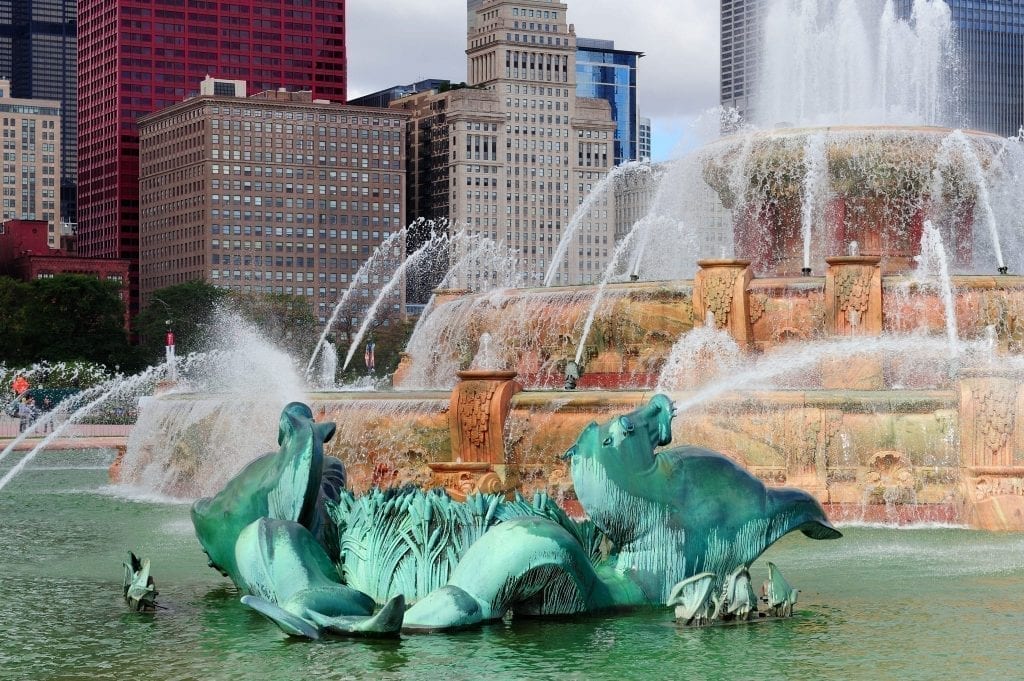 Close up of Buckingham Fountain in Grant Park in Chicago Illinois