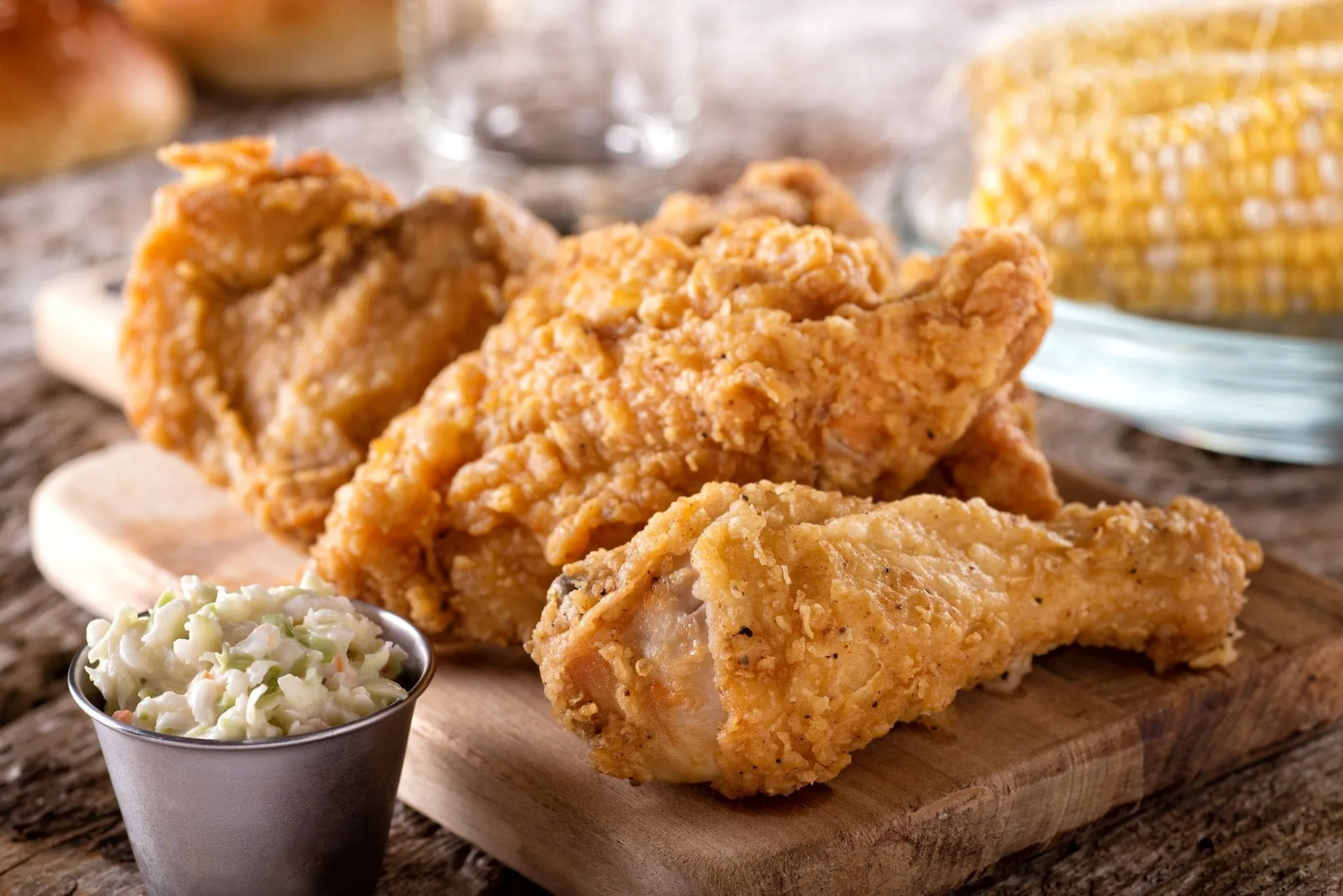Plate of fried chicken with coleslaw on the left side and corn in the background, one of the best Lowcountry foods to eat