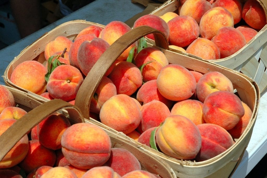 Peaches in wicker baskets as is common at roadside stands in the south. Be sure to add plenty of peaches to your list of food in Savannah to eat!