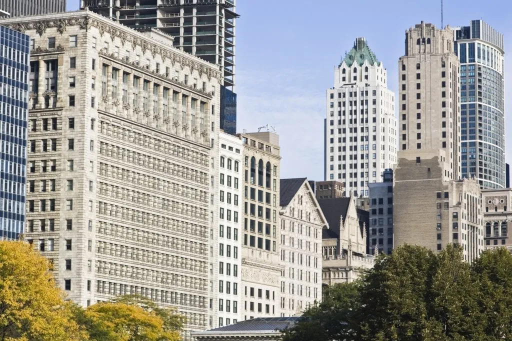 Office buildings along Michigan Avenue in Chicago Illinois--don't miss a chance to walk down the Magnificent Mile during your 3 days in Chicago sightseeing trip