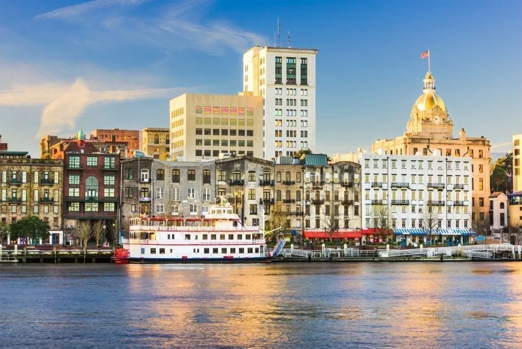 View of Savannah GA River Street from across the water, one of the best places to visit in Savannah GA