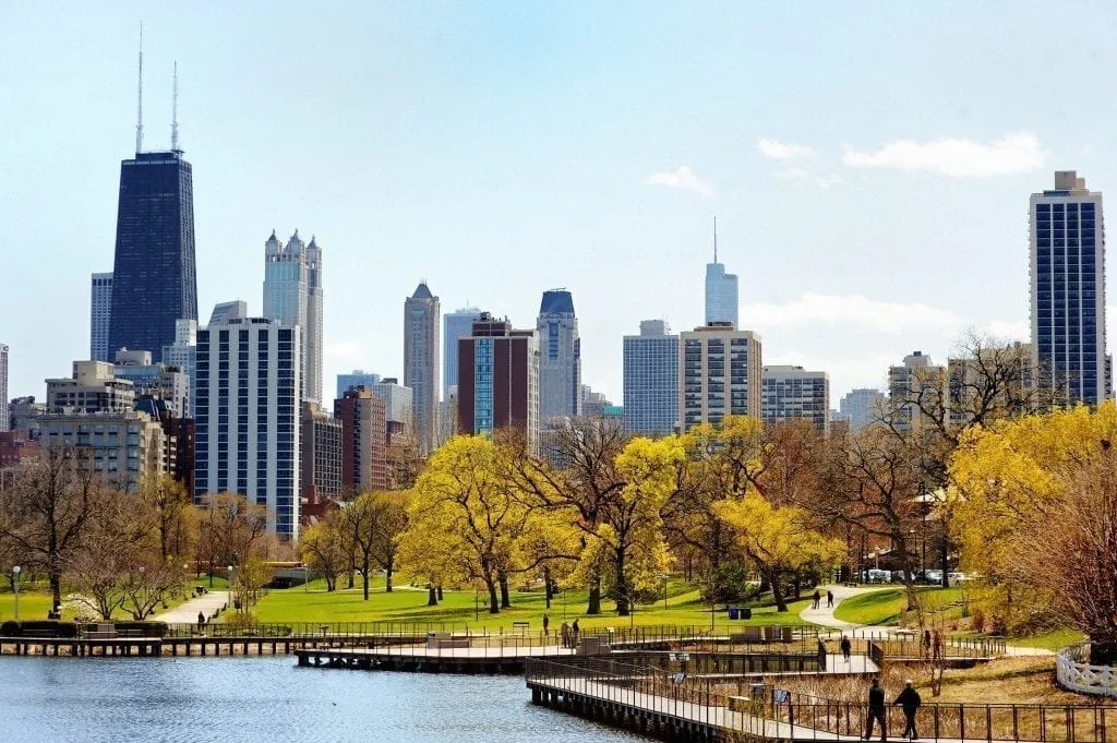 Chicago skyline as seen from Lincoln Park, one of the best places to visit in Chicago IL on a weekend in Chicago vacation