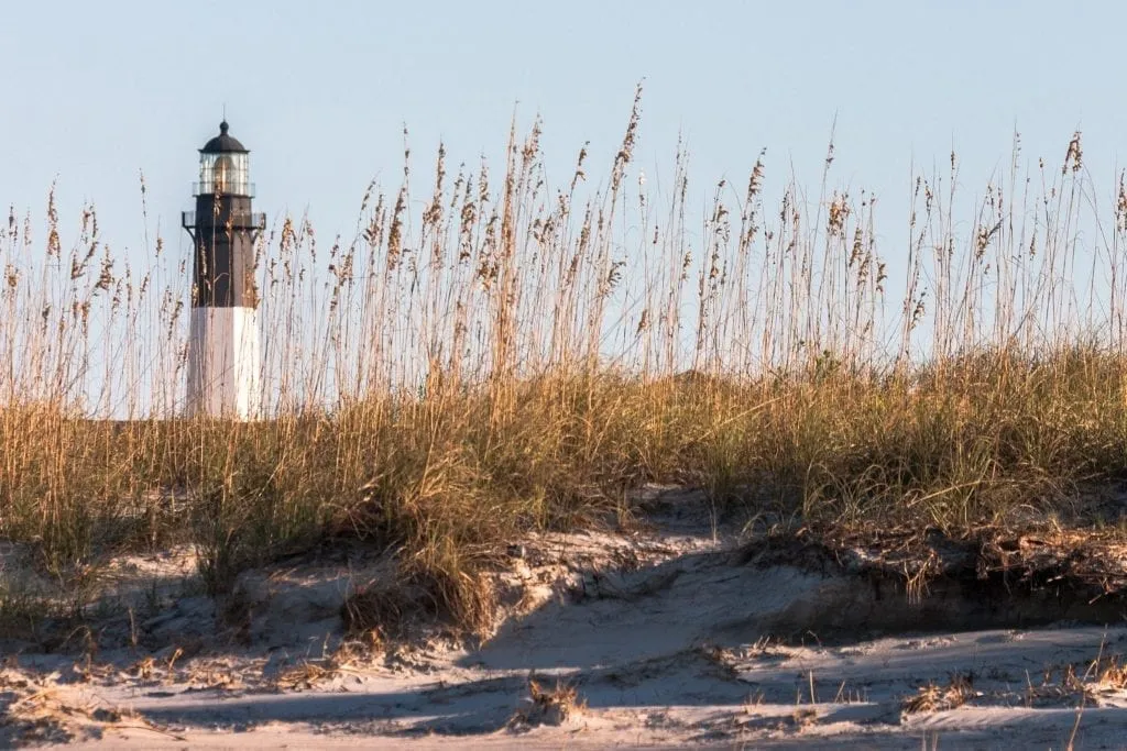 Sand dunes of Tybee Island with lighthouse visible in the back left, an easy addition to a Savannah weekend getaway