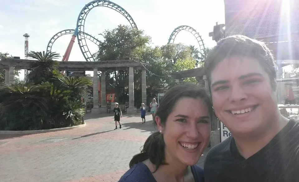 Kate Storm and Jeremy Storm taking a selfie at Six Flags Fiesta Texas