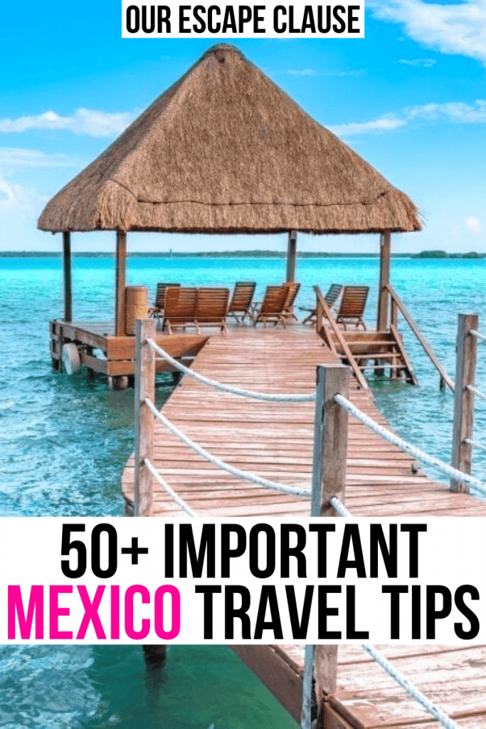 Photo of an overwater bungalow over bright blue water, black and pink text on a white background reads "50+ important mexico travel tips"