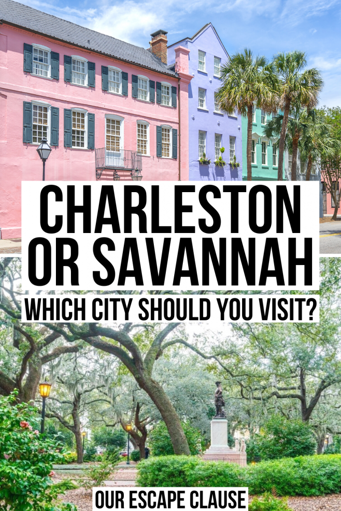 Photo of Charleston's rainbow row on top of a square in Savannah. Black text on a white background reads "Charleston or Savannah?"