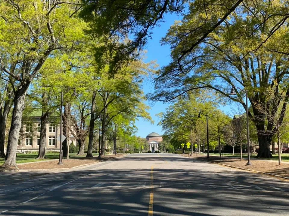 Tree lined streets in Durham NC on Duke University campus