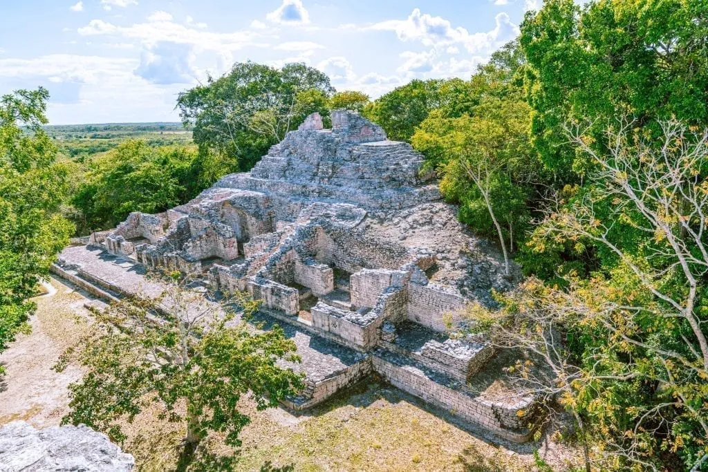 Mayan Pyramid in Rio Bec style as seen from above in Becan Mexico