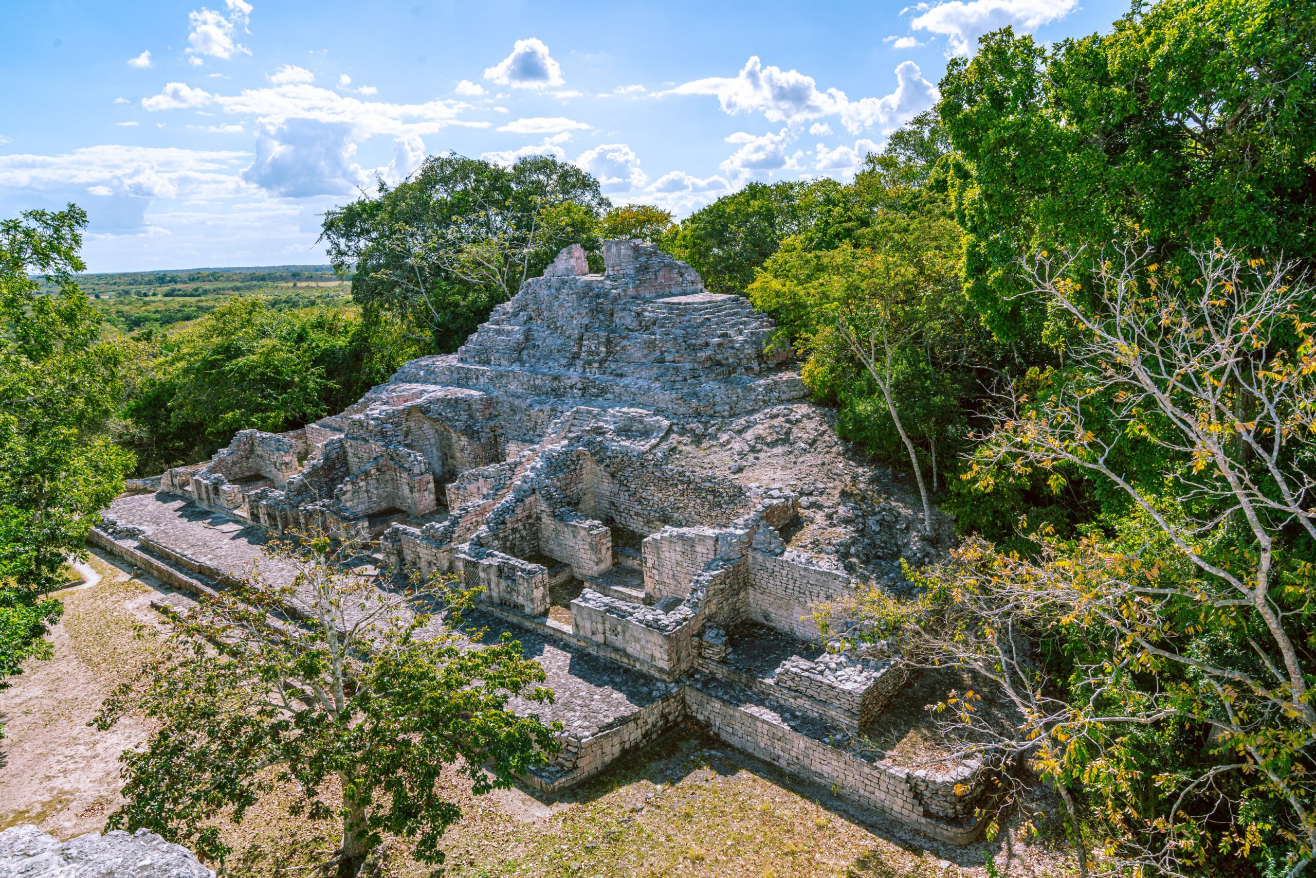 mayan pyramid in becan as seen from above, one of the best places to go backpacking mexico