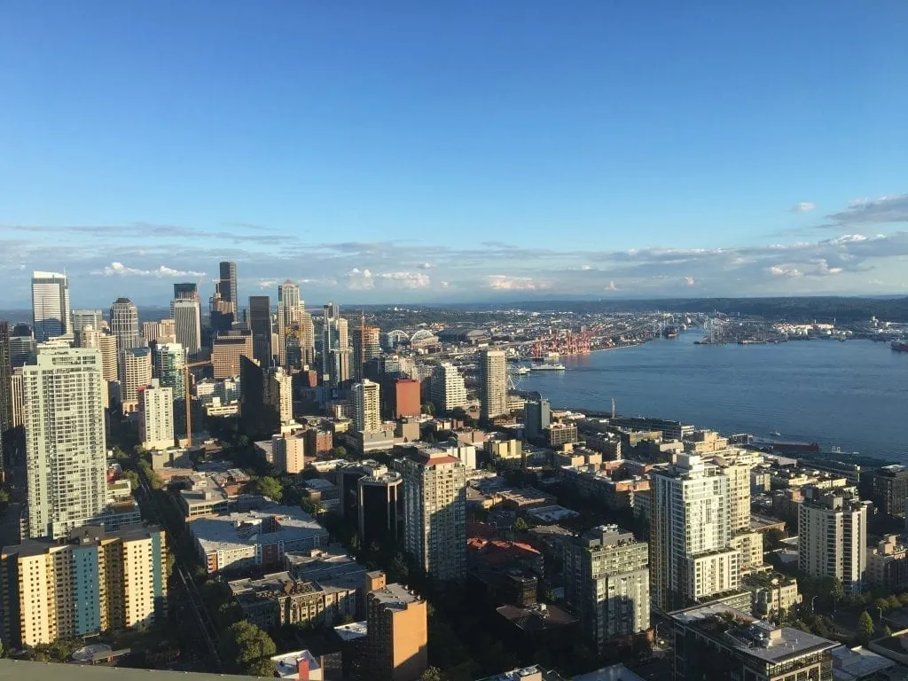 Cityscape view from the top of the Space Needle, a fun place to visit during a long weekend in Seattle itinerary