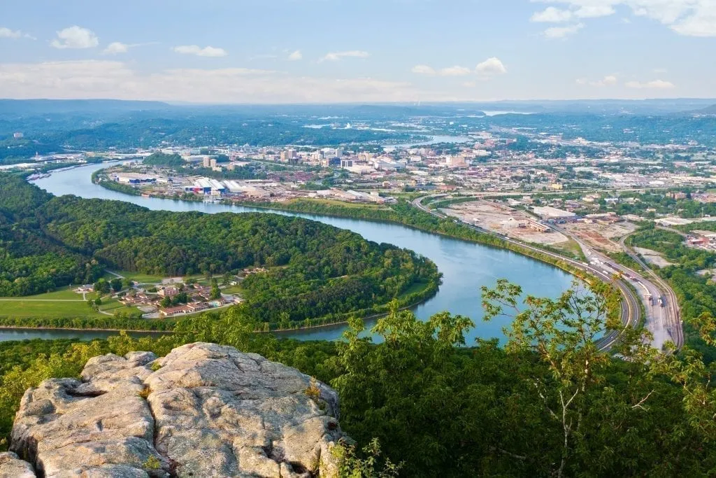 View of Chattanooga Tennesse from above with winding river in the foreground