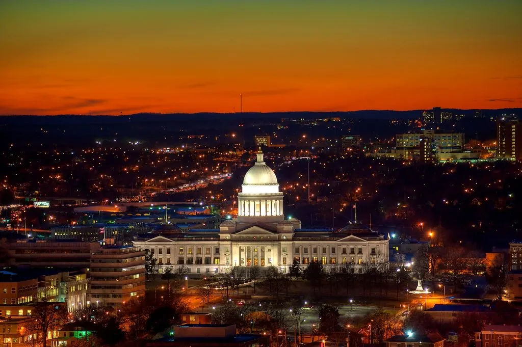 aerial view of arkansas capitol in little rock at sunset