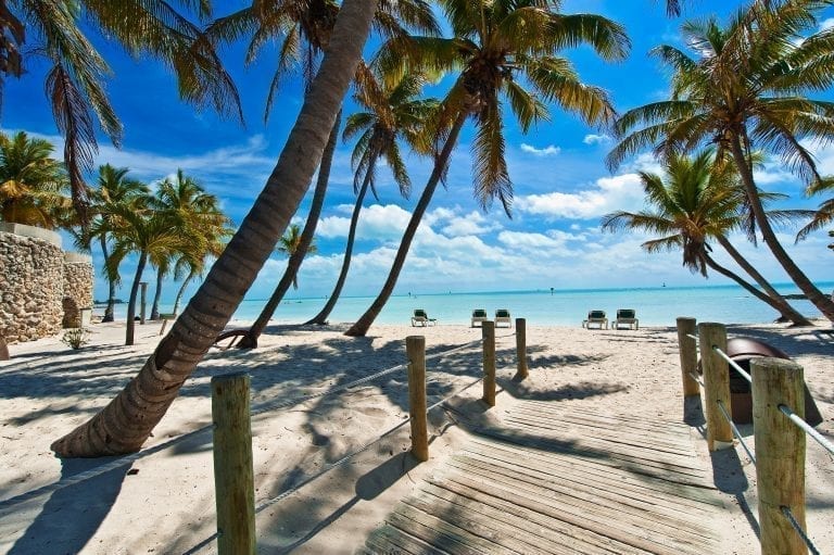 Palm-tree lined path leading to Caribbean Sea beach in Key West Florida, one of the best southern weekend getaways