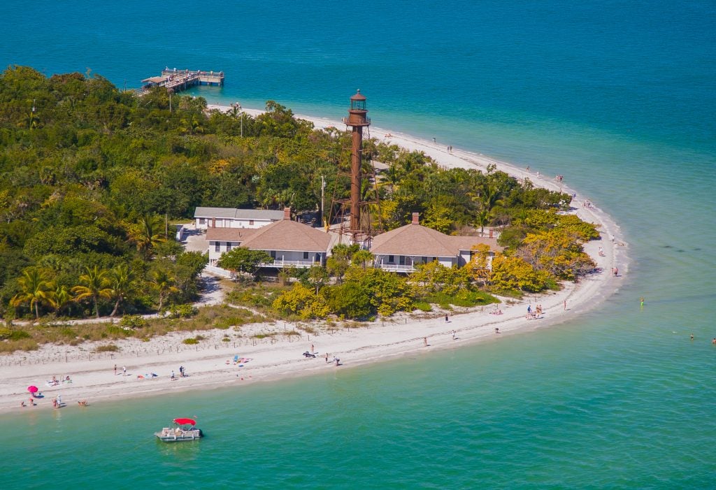 aerial view of sanibel island with lighthouse visible