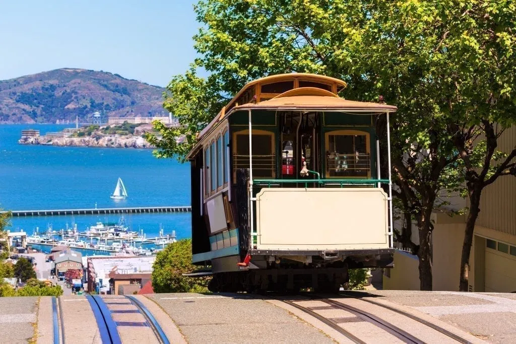 Hyde Street Cable Car in San Francisco CA with ocean visible in the background