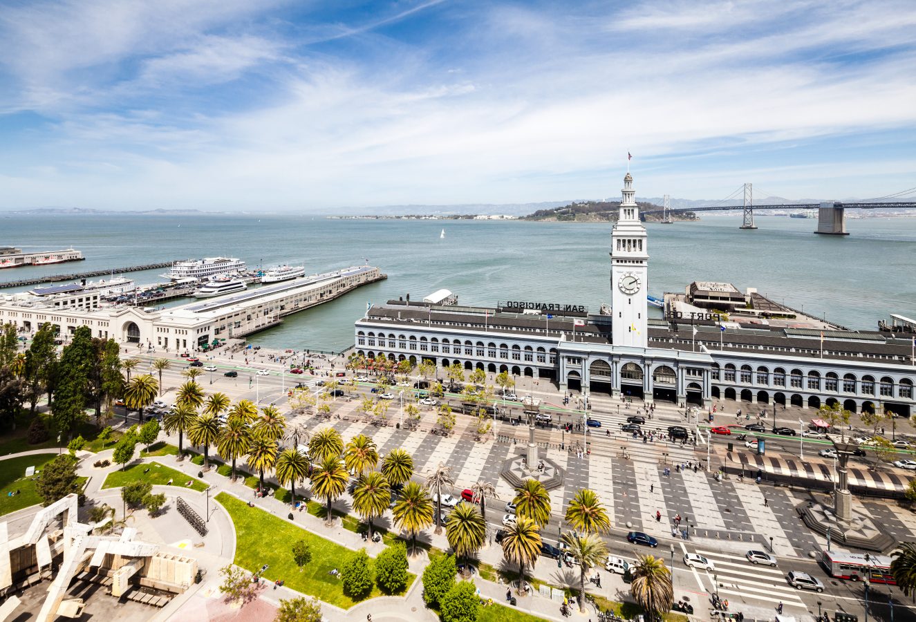 view of port of san francisco from above on a partly cloudy day