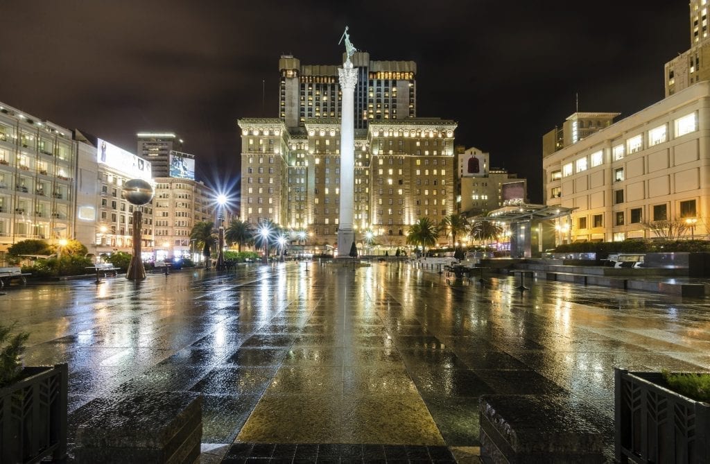 Union Square at night, one of the best places to stay during your 3 day San Francisco weekend getaway