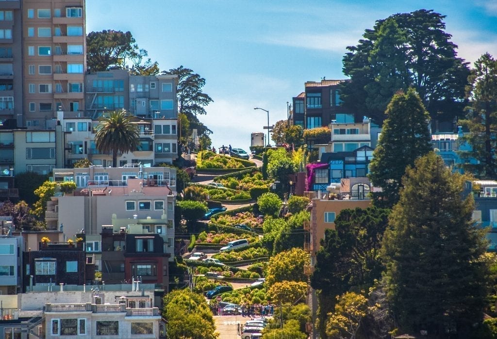 Famous Lombard Street in San Francisco California as seen from the bottom, one of the best things to do in San Francisco CA