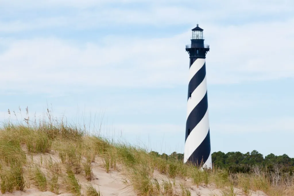 view of black and white cape hatteras lighthouse north carolina