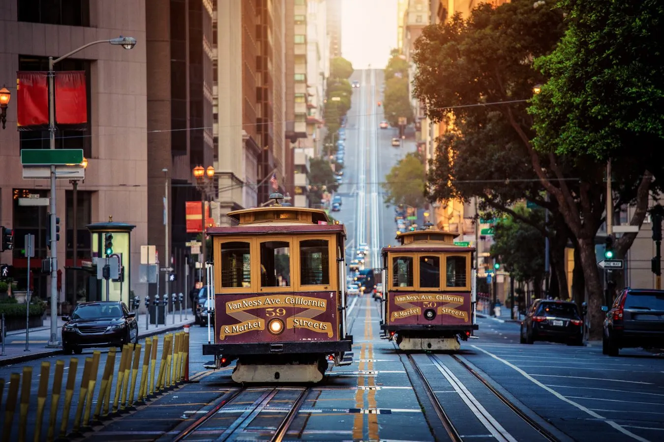 historic trams in san francisco california, as photographed around sunset