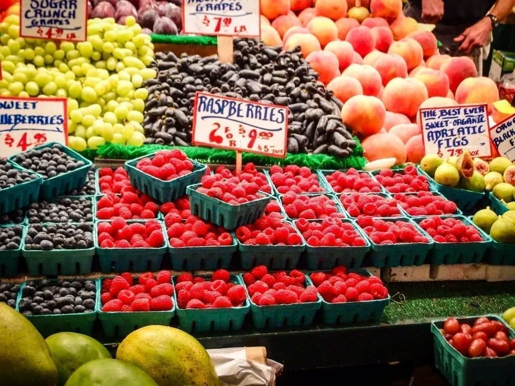 Fruit stand in Pike Place Market, one of the first stops on this 3 days in Seattle itinerary