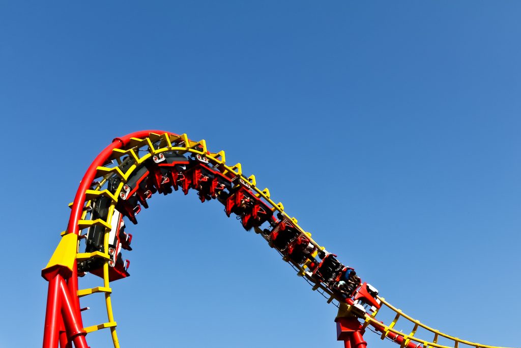 red and yellow roller coaster upside down