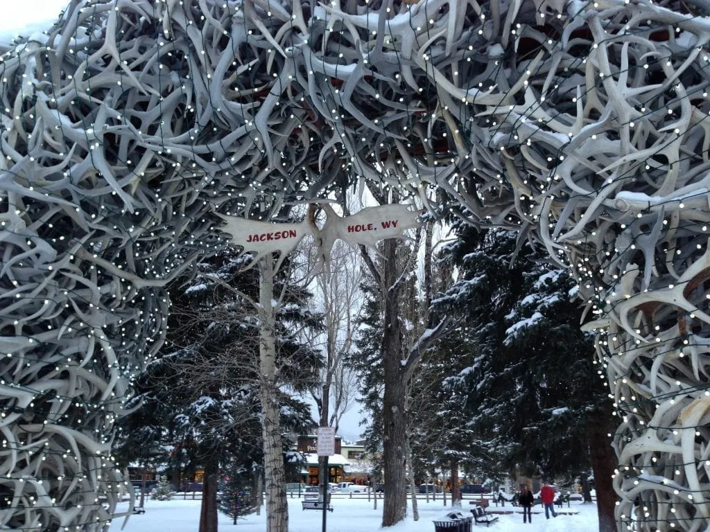 Christmas lights display in Jackson Hole Wyoming with a pair of antlers hanging in the center