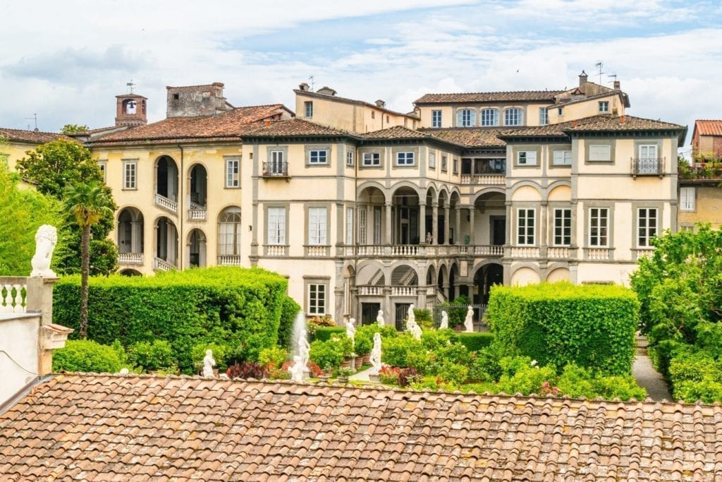 view of baroque gardens at pfanner palace from lucca city walls