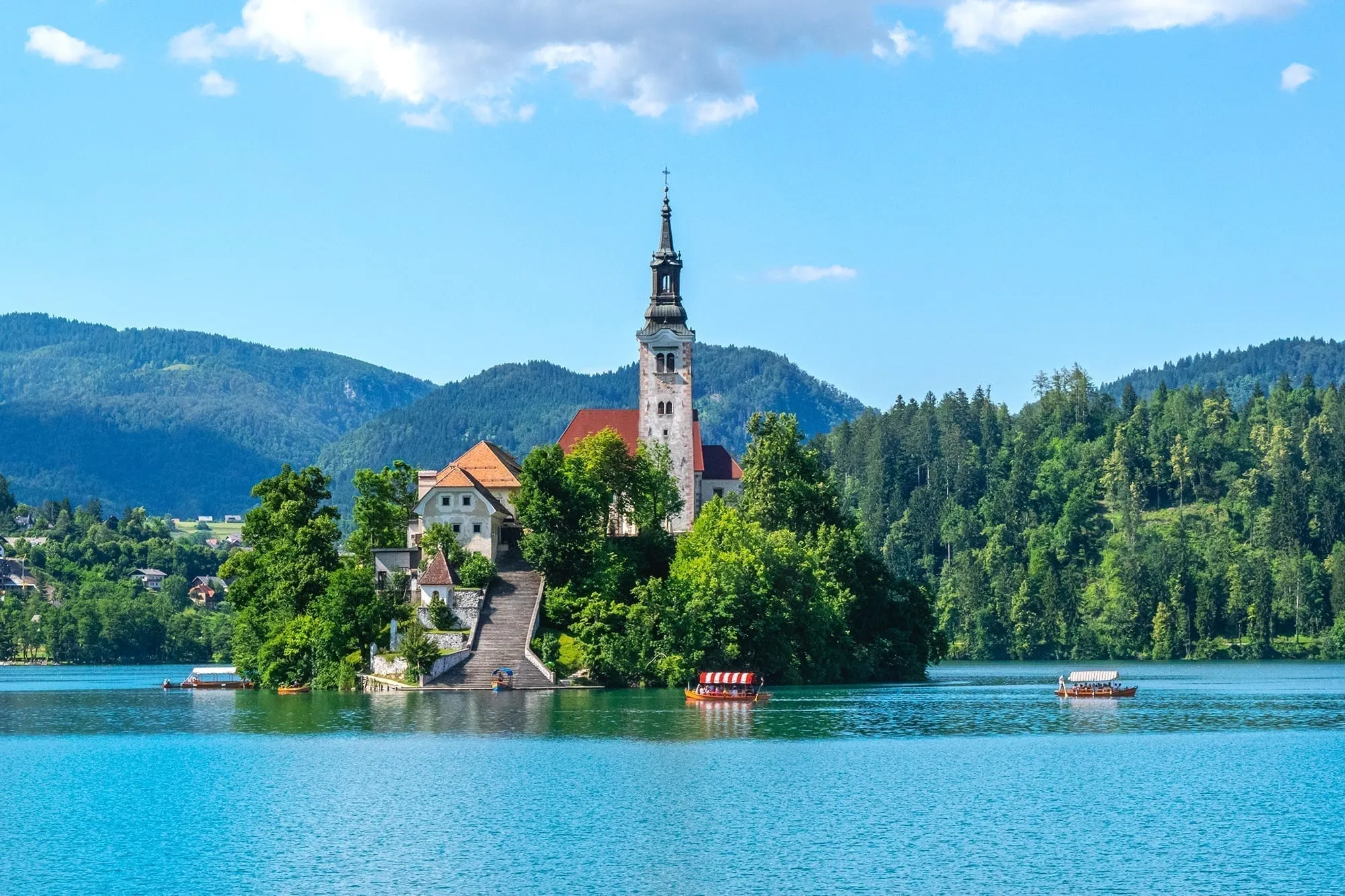 Bled Island in the center of Lake Bled in Slovenia, a must-see during a Slovenia road trip itinerary
