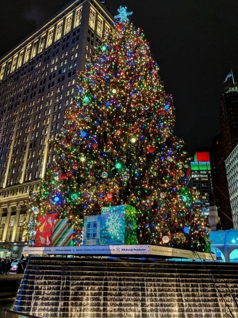 Large Christmas tree in Detroit MI at night, one of the best christmas vacations in us