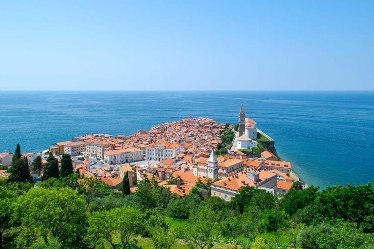 Piran Slovenia as seen from above. Piran is one of the best places to visit in Slovenia