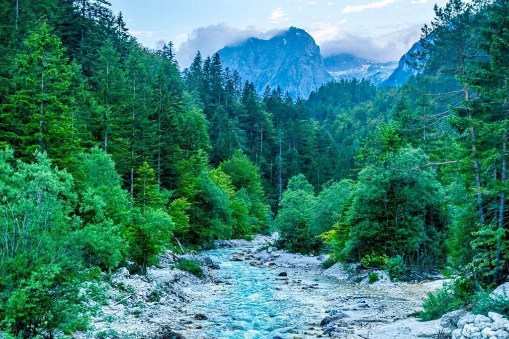 Soca River in Slovenia with trees on either side and a mountain visible in the background, as seen during a Slovenia road trip