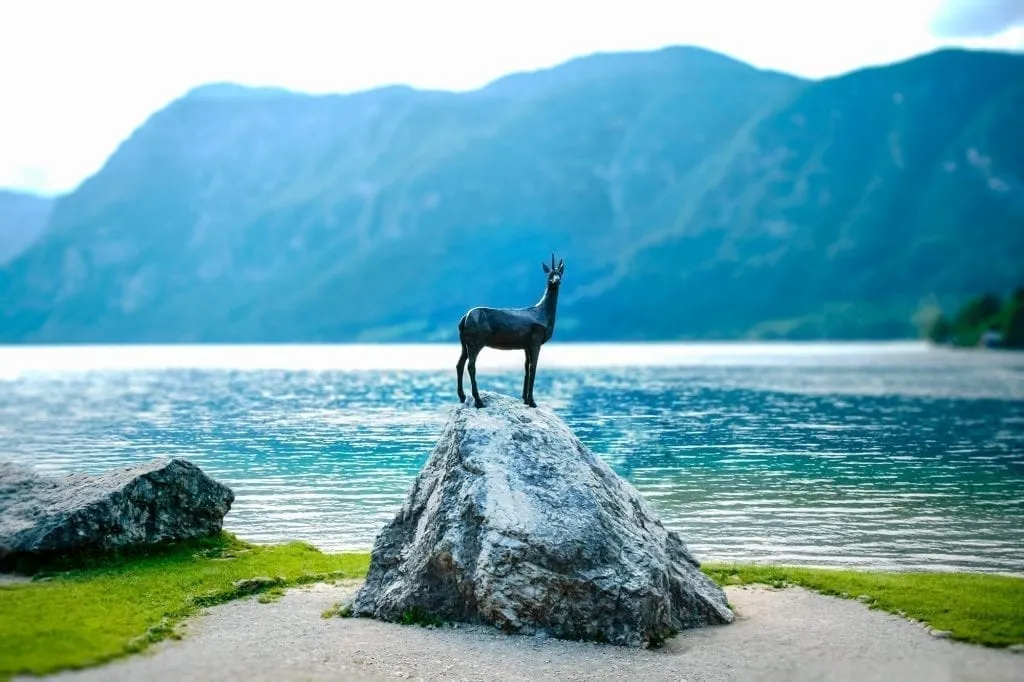 Goldhorn Statue at Lake Bohinj in Slovenia