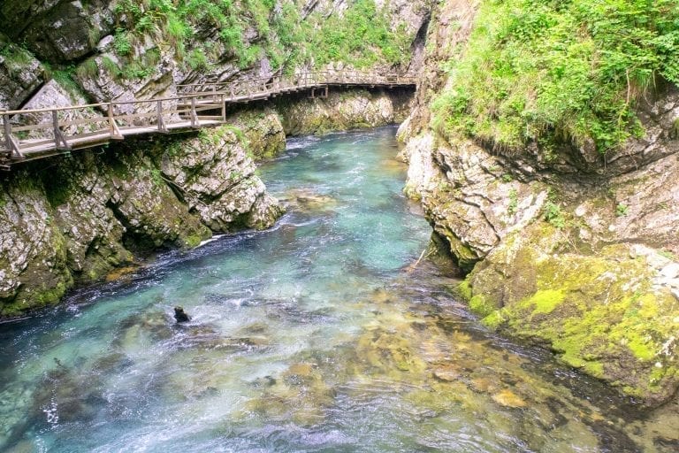 Vintgar Gorge in Slovenia with boardwalks visible on the left side of the photo. vintgar gorge is very affordable to visit, is slovenia expensive