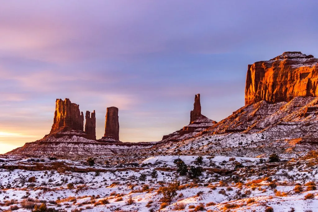 sunrise at monument valley in american southwest in winter