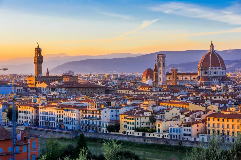 view of sunset florence from piazzale michelangelo with the duomo on the right side of the frame