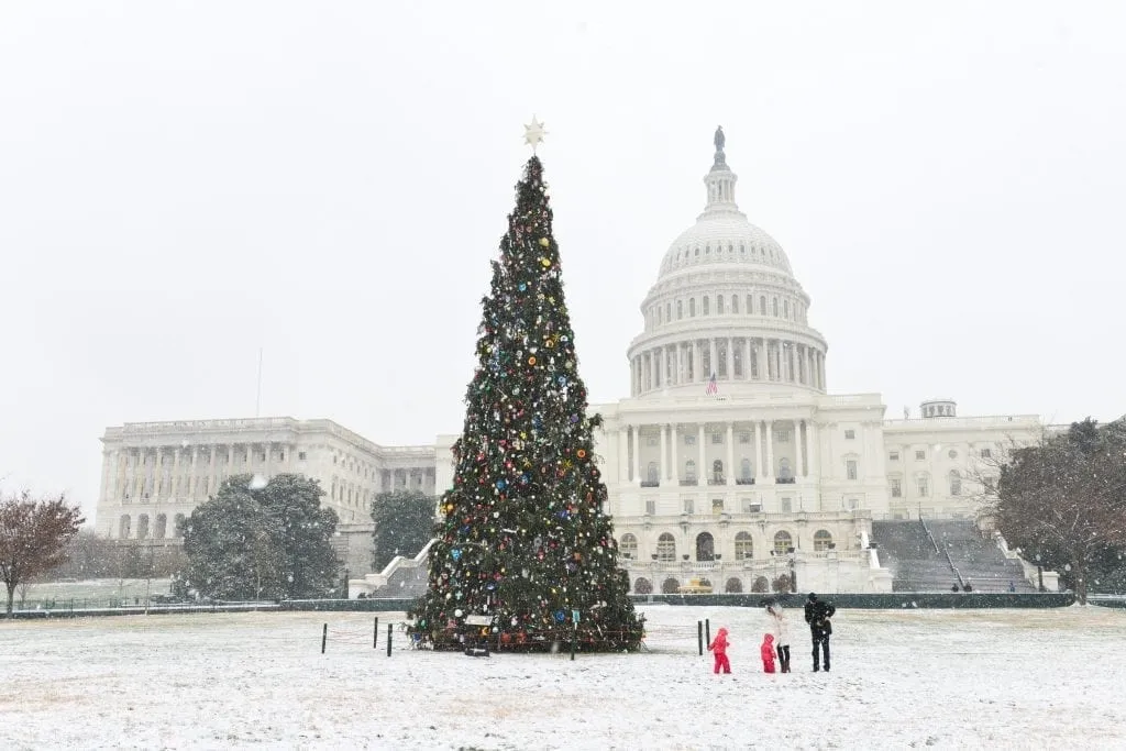 US Capitol Building with a Christmas tree in front of it. The ground is snowy. Washington DC is one of the best christmas trips in the us