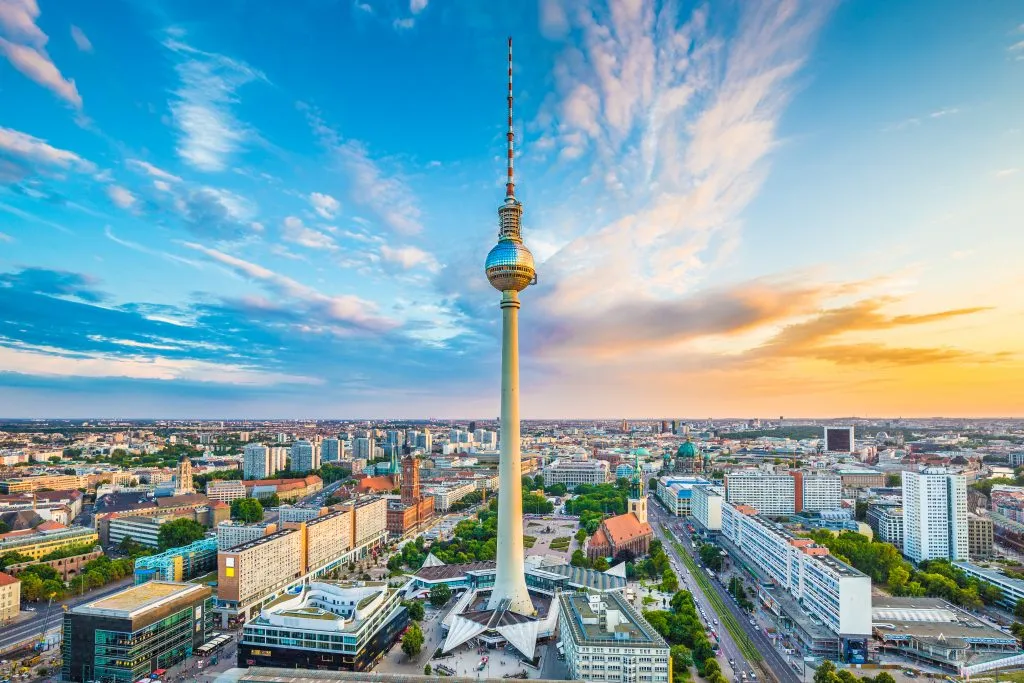 aerial view of berlin tv tower at sunset, one of the most interesting european cities to visit