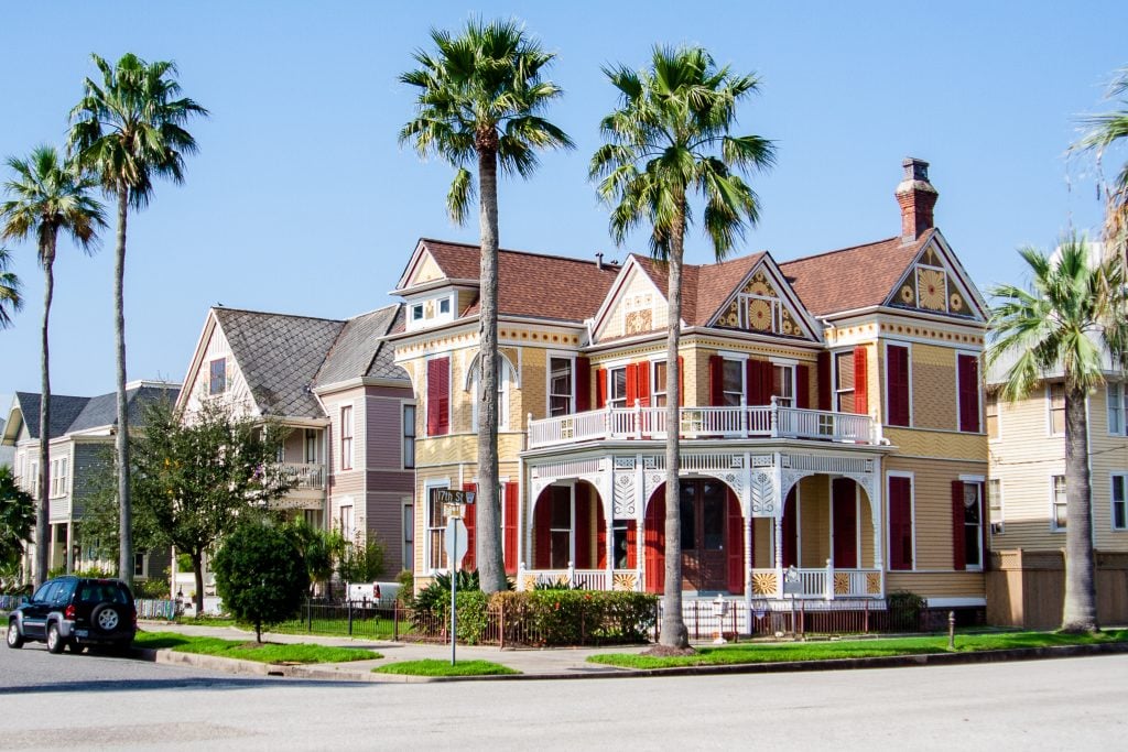 front facades of historic victorian homes in galveston texas with palm trees in the foreground