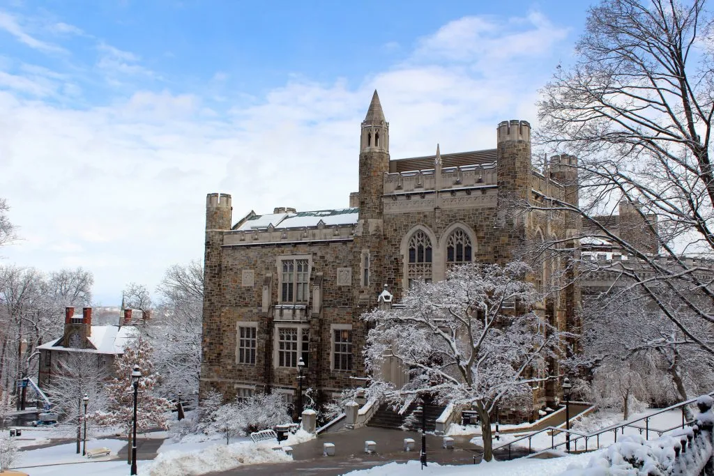 historic building in bethlehem pennsylvania covered in snow during winter