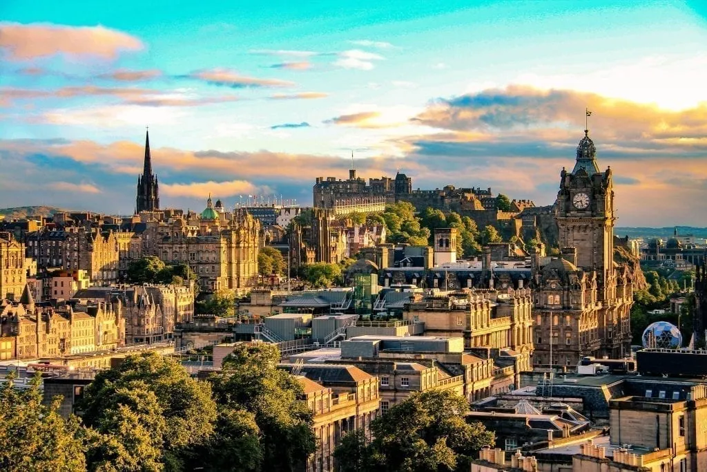 Skyline of Edinburgh Scotland at sunset, one of the most popular places to visit in Europe