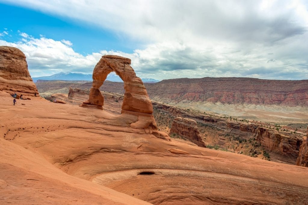 Delicate Arch on a cloudy day, one of the most popular Arches National Park hikes