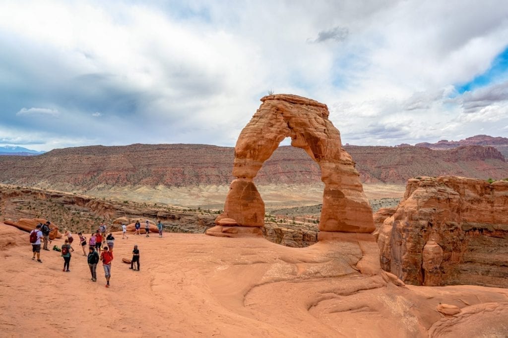 Delicate Arch on a cloudy day, one of the most popular Arches National Park hikes